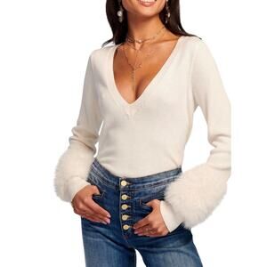 NWT $395 RAMY BROOK Brody Faux Fur Trim Wool & Cashmere Sweater XS